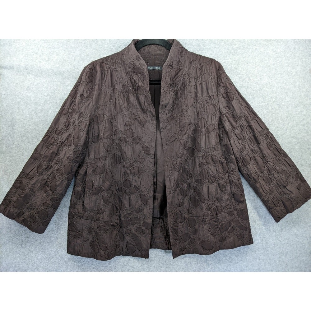 Eileen Fisher Women's‎ Sz Med Brown Embroidered Lightweight Open Jacket Pockets